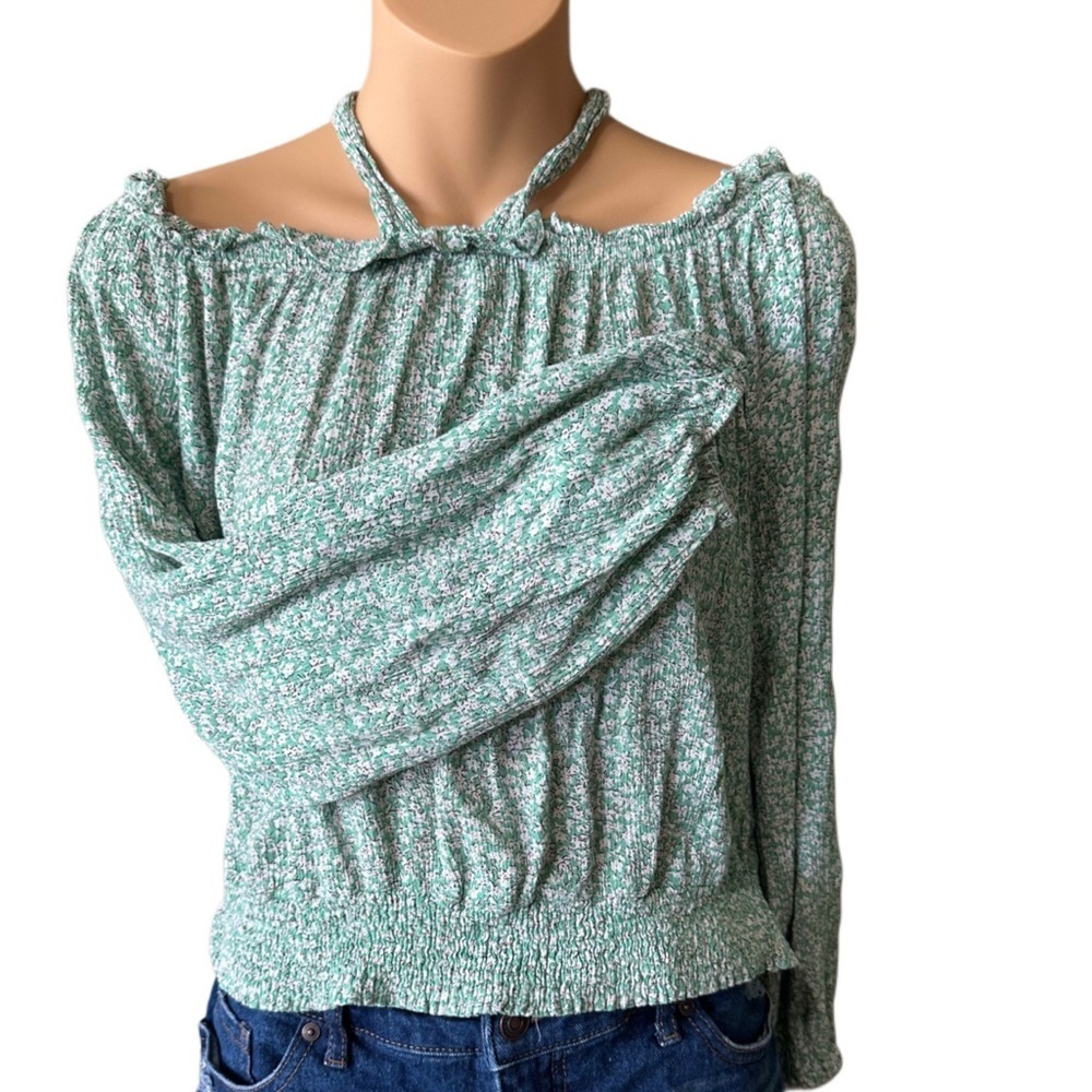Daytrip Mint Floral Long Sleeve Blouse with Ruffles Ruching and Tie Top Collar - Picture 4 of 5